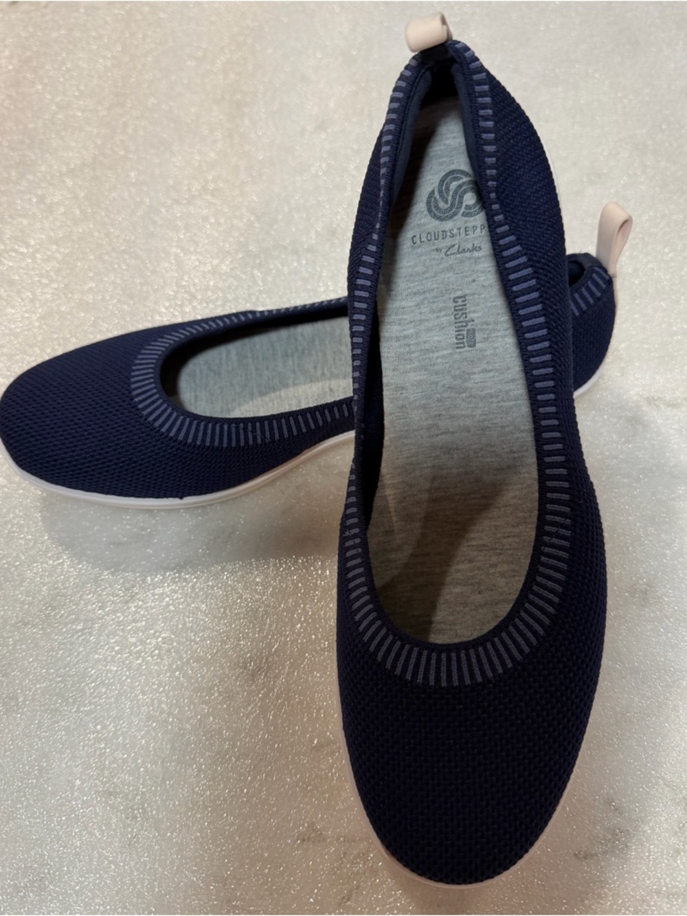 Clarks Navy Knit Slip-On  Flats with Light Pink Heel Tab